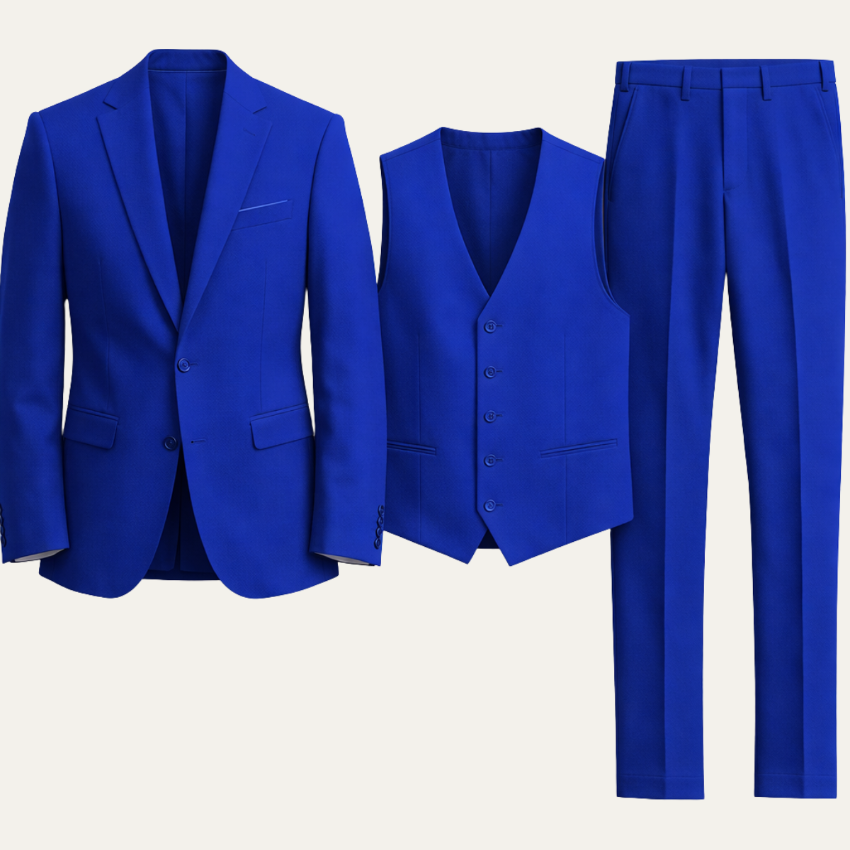 Men's slim-fit 3-piece suit set in royal blue: jacket, vest, and trousers