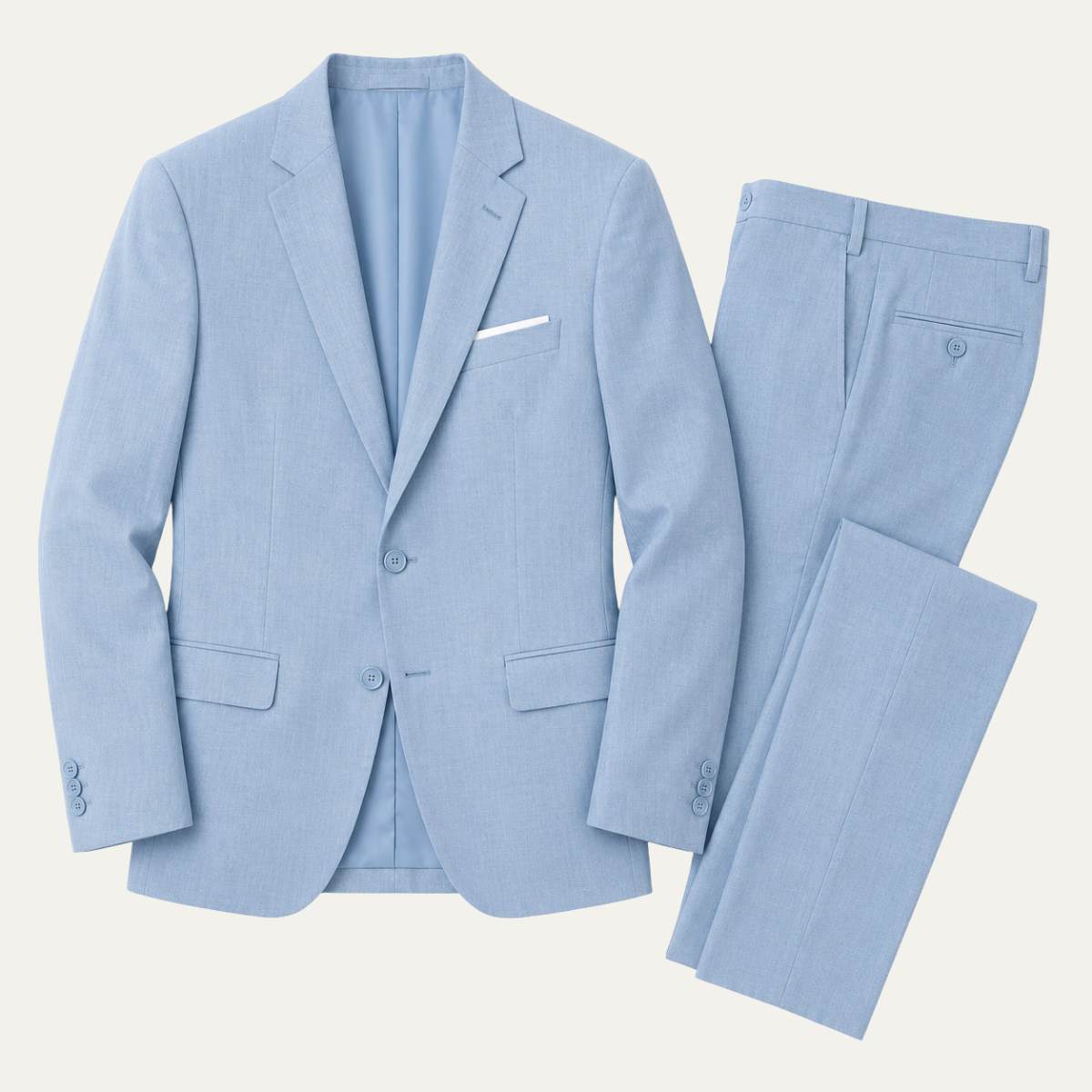 Men's lightweight blue suit set with matching blazer and dress pants