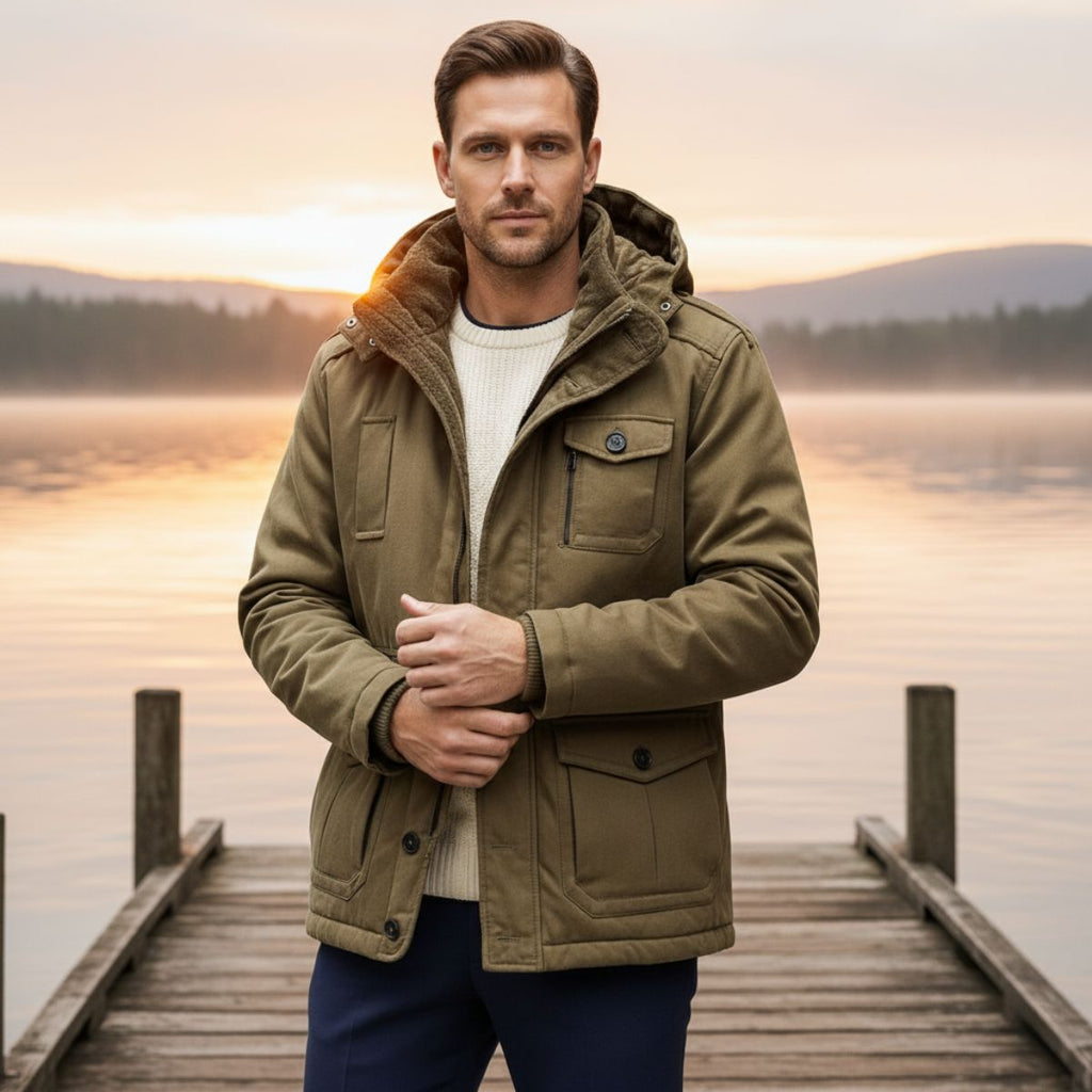 Men's insulated hooded parka jacket, khaki with hood and layered utility pockets