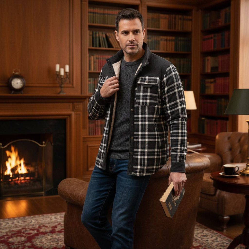 Men's plaid check jacket with black-and-white check panels and dark cord collar