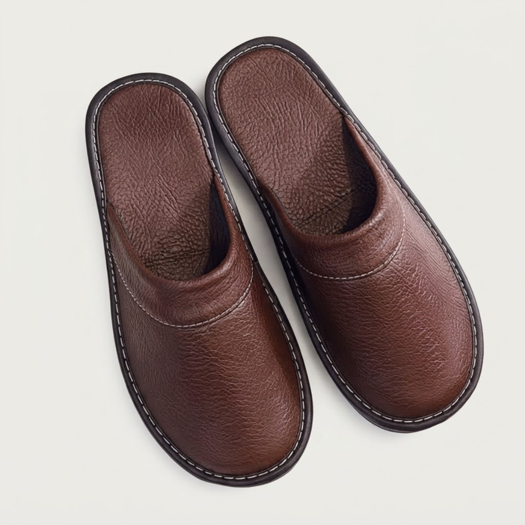 Men's brown leather slip-on clog house shoes with contrast edge stitching