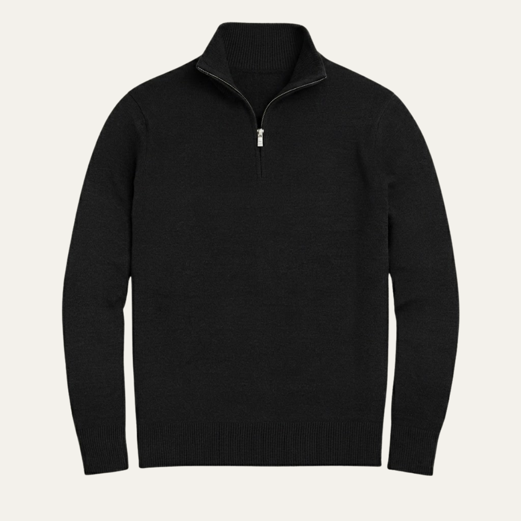 Men's black quarter-zip knit sweater with ribbed collar and cuffs