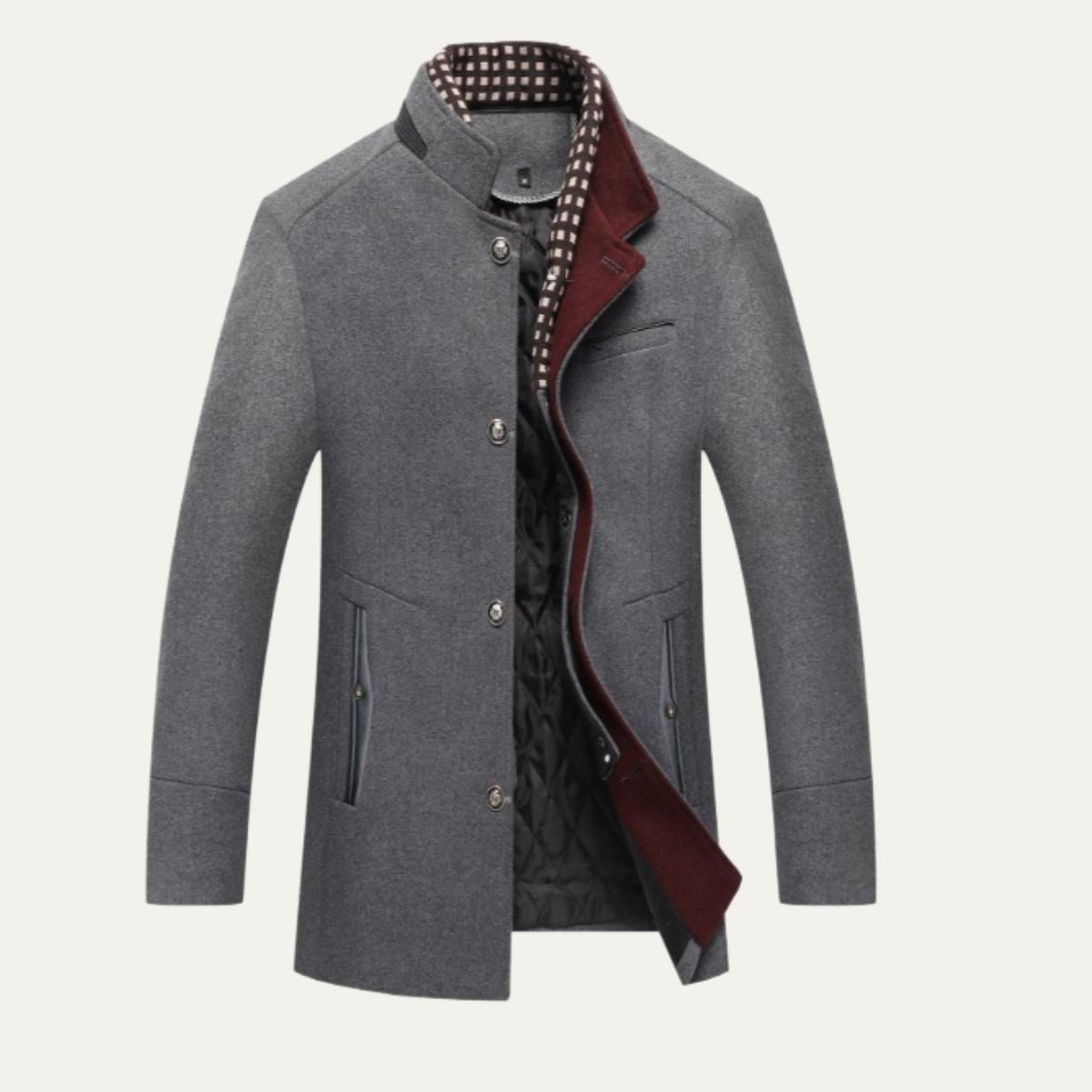 Men's wool coat, heather gray, button-front with plaid collar and quilted lining