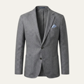 Men's slim fit blazer, textured light gray, notch lapels, single-breasted button front.