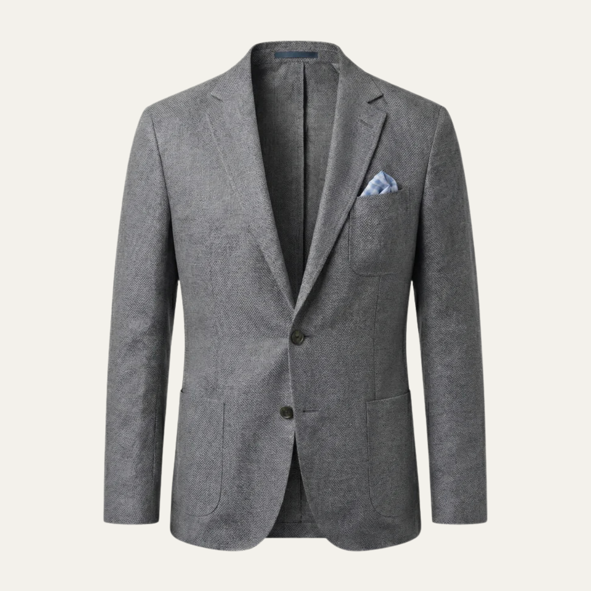 Men's slim fit blazer, textured light gray, notch lapels, single-breasted button front.