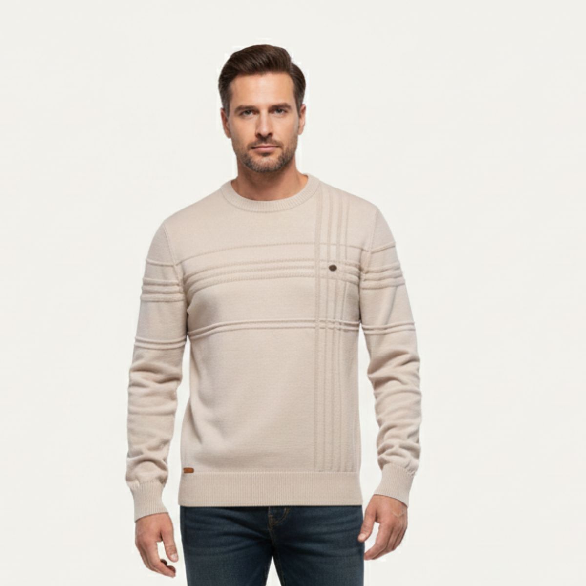 Men's beige crew neck sweater on model, ribbed collar and vertical placket detail
