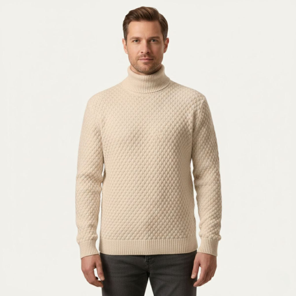 Khaki thick wool knit turtleneck sweater on model, textured diamond knit and ribbed hem
