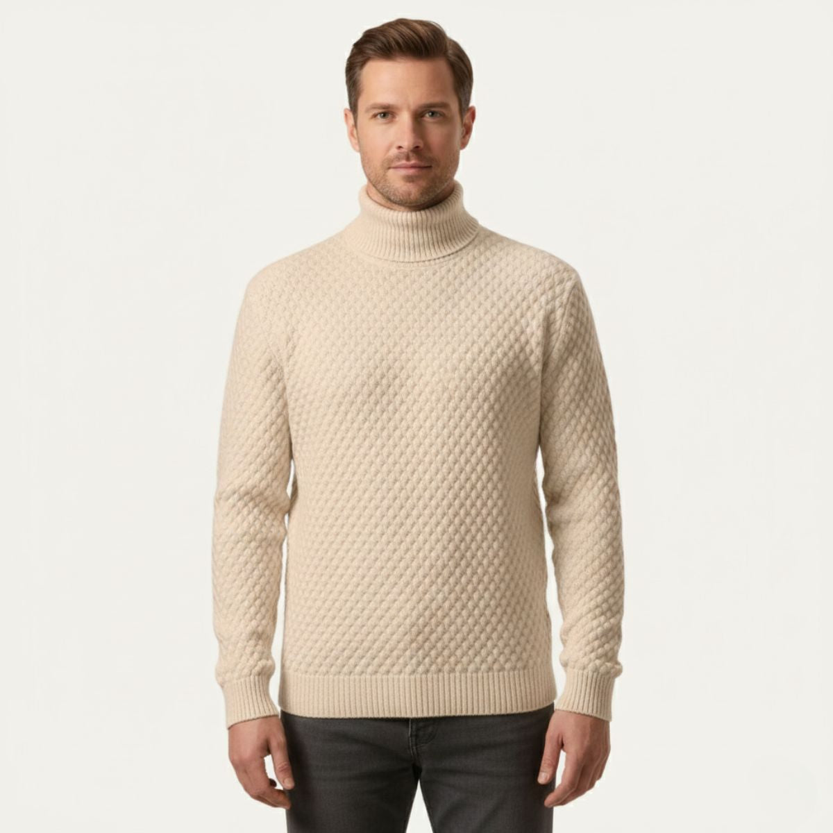 Khaki thick wool knit turtleneck sweater on model, textured diamond knit and ribbed hem