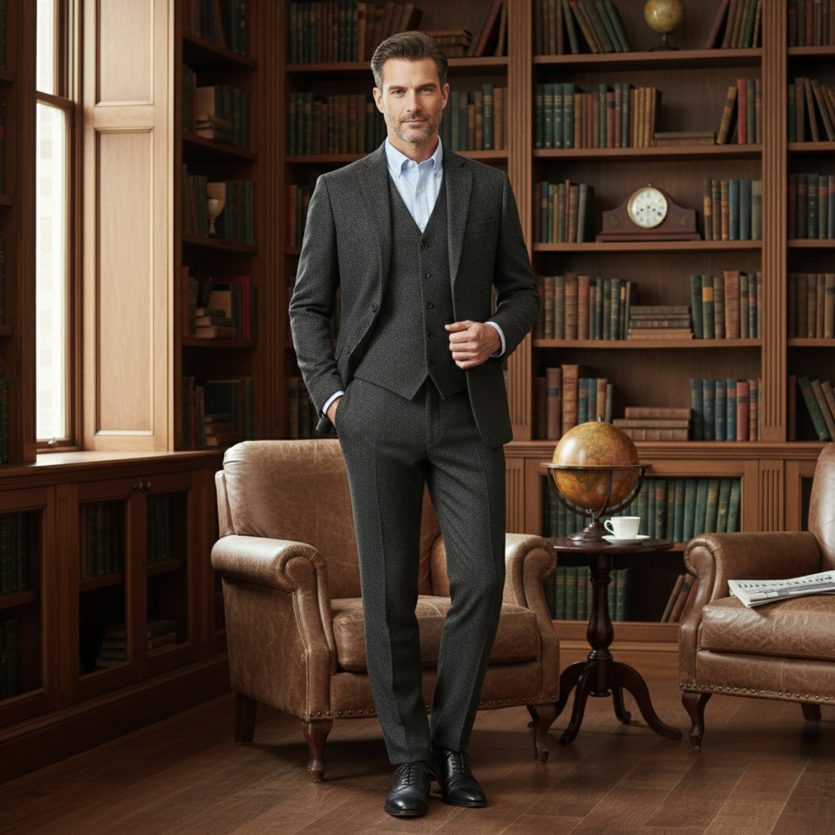 Men's dark gray tweed herringbone slim-fit 3-piece suit with vest and trousers