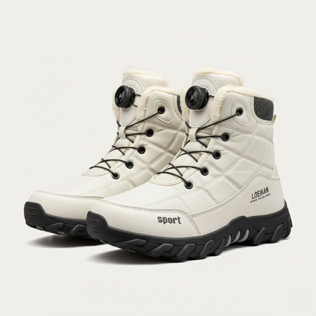 Men's white plush-lined snow boots with lace-up closure and chunky tread