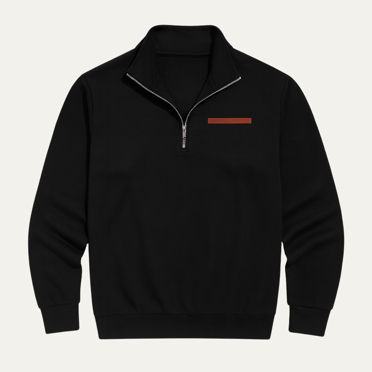 Black men’s half-zip stand-collar sweater with chest trim patch