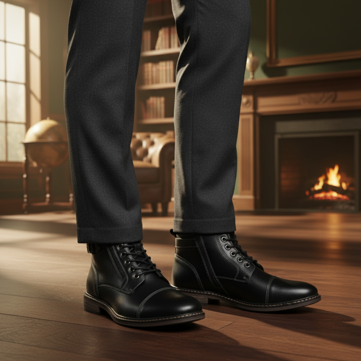 Black lace-up ankle boots with side zip and textured tread sole.