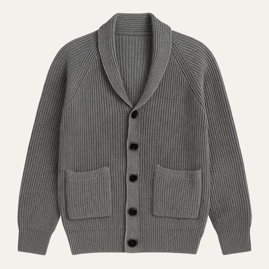 Gray knit shawl-collar button-up cardigan with front placket and two chest pockets