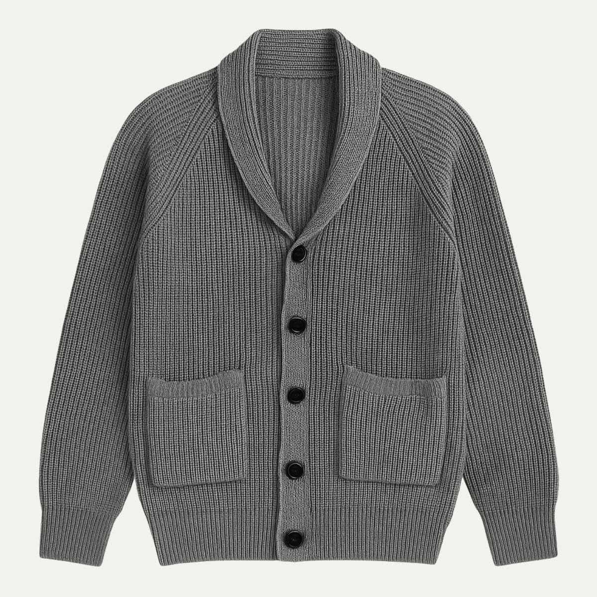 Gray knit shawl-collar button-up cardigan with front placket and two chest pockets