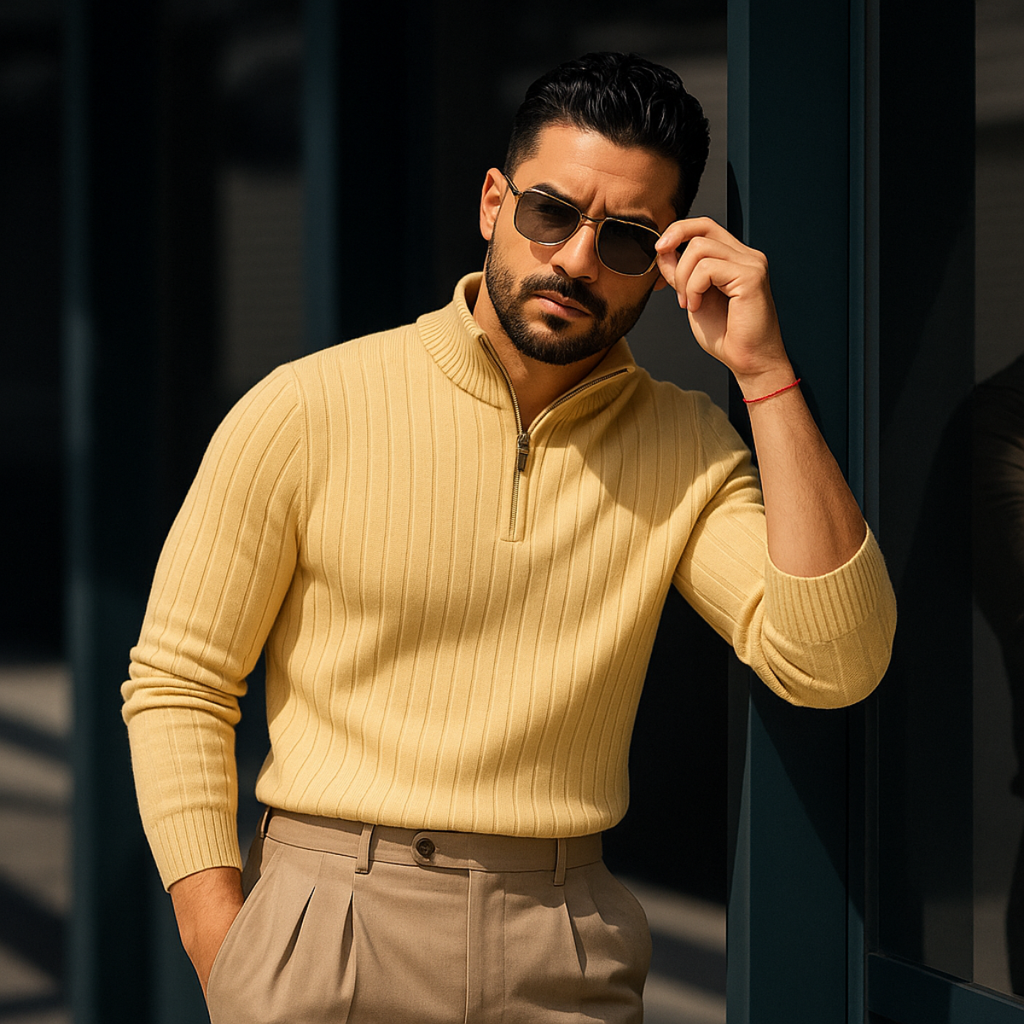 Men's ribbed half-zip sweater in light khaki, long sleeves with zippered neckline.