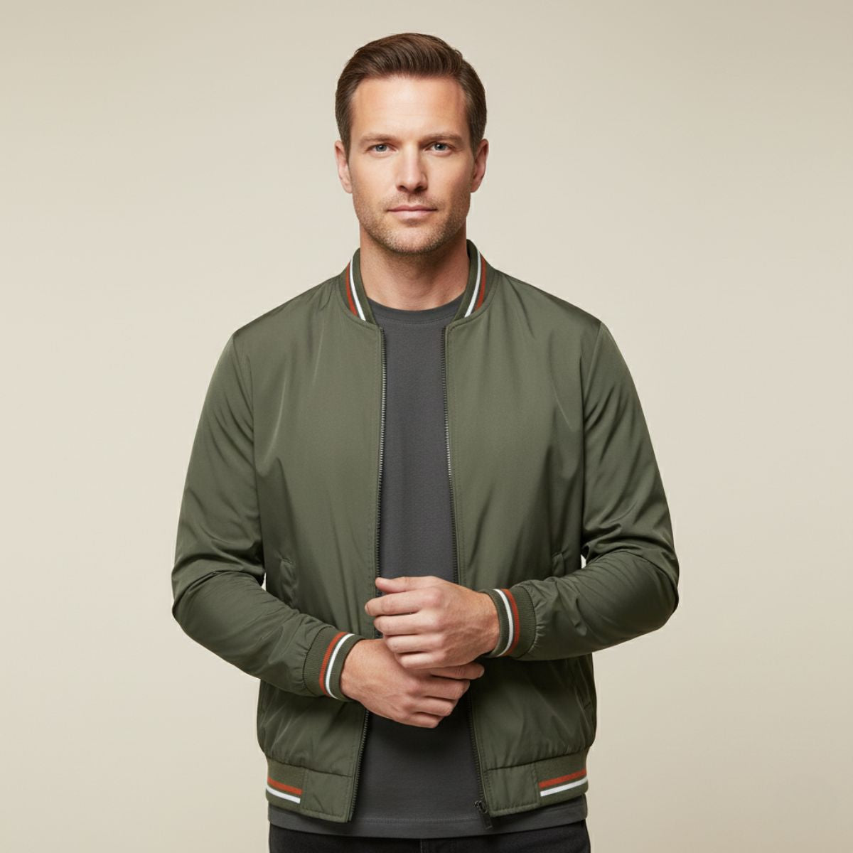 Men's lightweight bomber jacket, army green zip-front with striped ribbed collar and cuffs