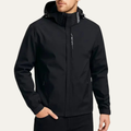 Black hooded waterproof rain jacket worn with front zipper and side hand pockets