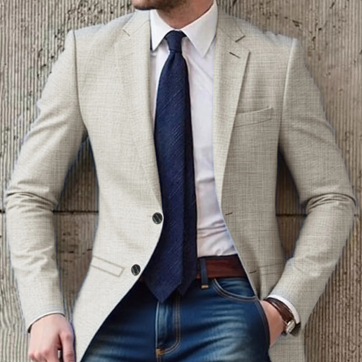 Men's white blazer with notch lapels, flap pockets, and navy tie