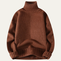 Men’s brown soft knit turtleneck sweater with ribbed collar, cuffs, and hem