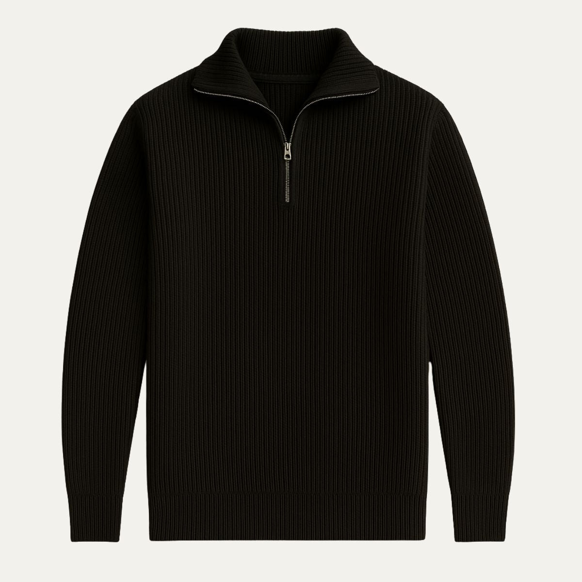 Black merino knit quarter-zip sweater with ribbed collar and zip placket