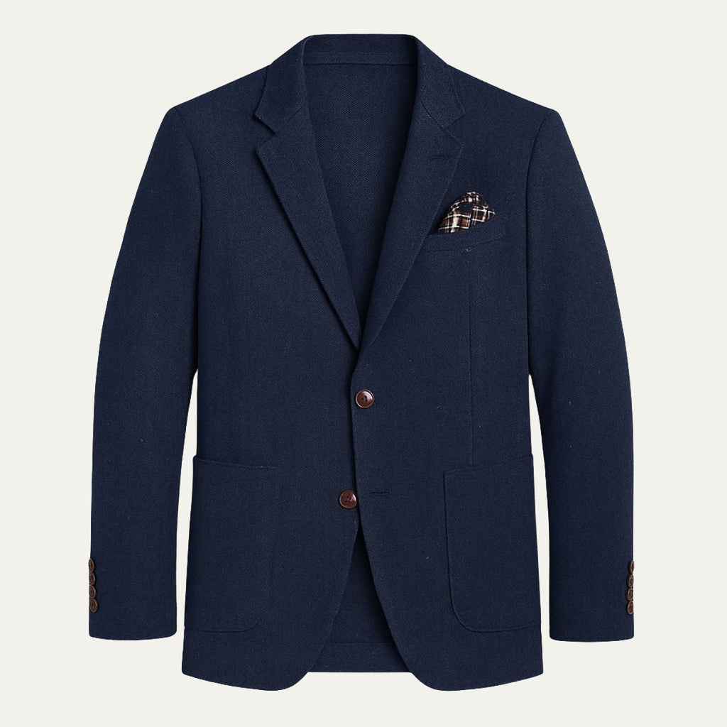 Navy men’s single-breasted herringbone wool blazer, notch lapels, flap pockets