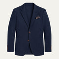 Navy men’s single-breasted herringbone wool blazer, notch lapels, flap pockets