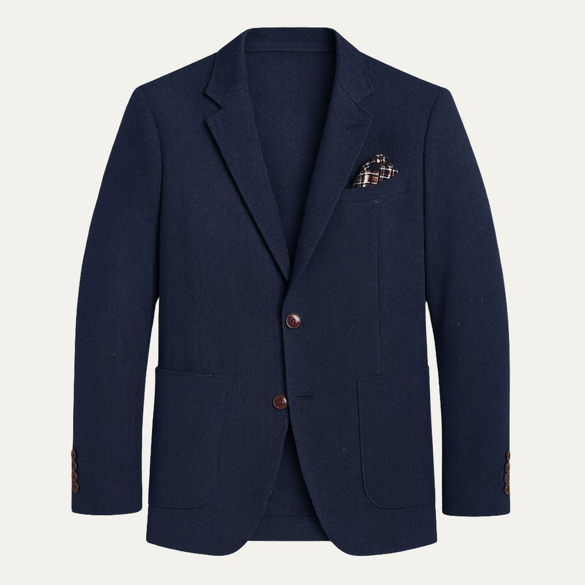 Navy men’s single-breasted herringbone wool blazer, notch lapels, flap pockets