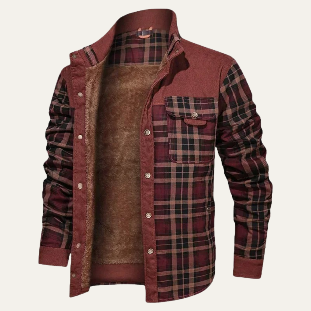 Men's warm plaid check jacket with brown sherpa lining and maroon button front