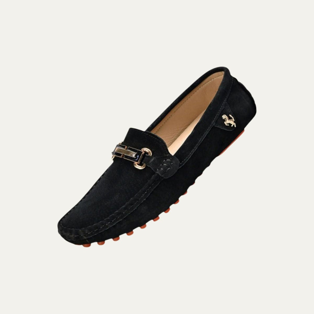 Black suede smart loafers with gold-tone buckle and horse logo detail