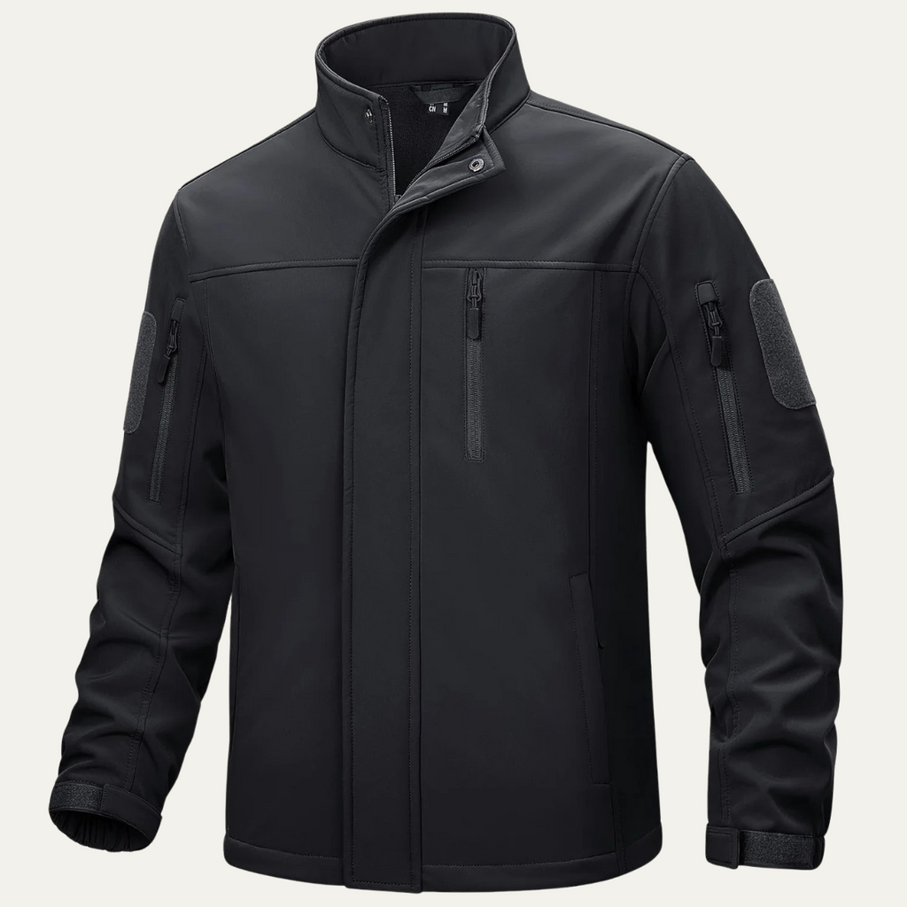 Men's tactical windproof jacket, black full-zip with stand collar and zip chest pocket