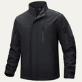 Men's tactical windproof jacket, black full-zip with stand collar and zip chest pocket