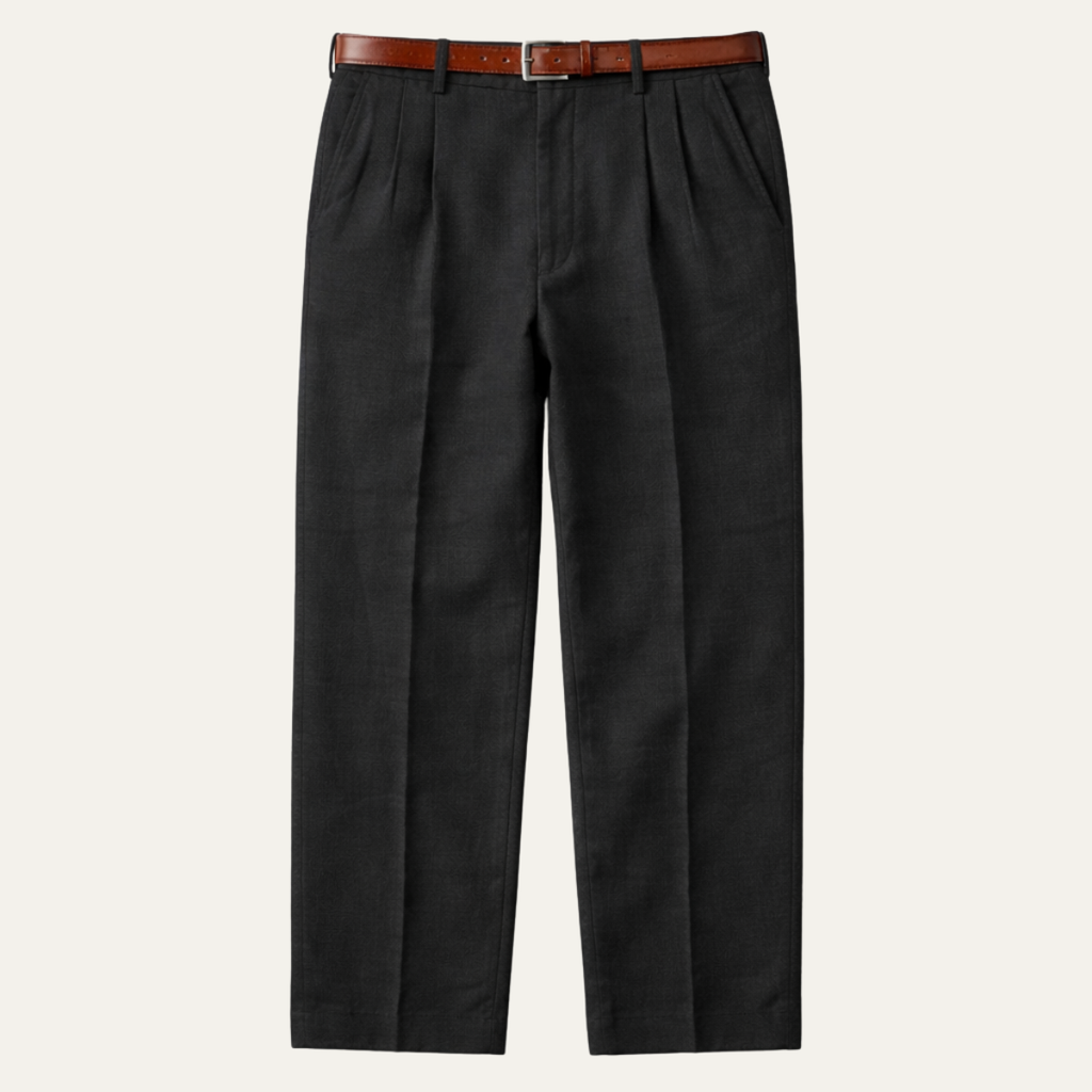 Men's black vintage pleated straight pants with button closure and belt loops
