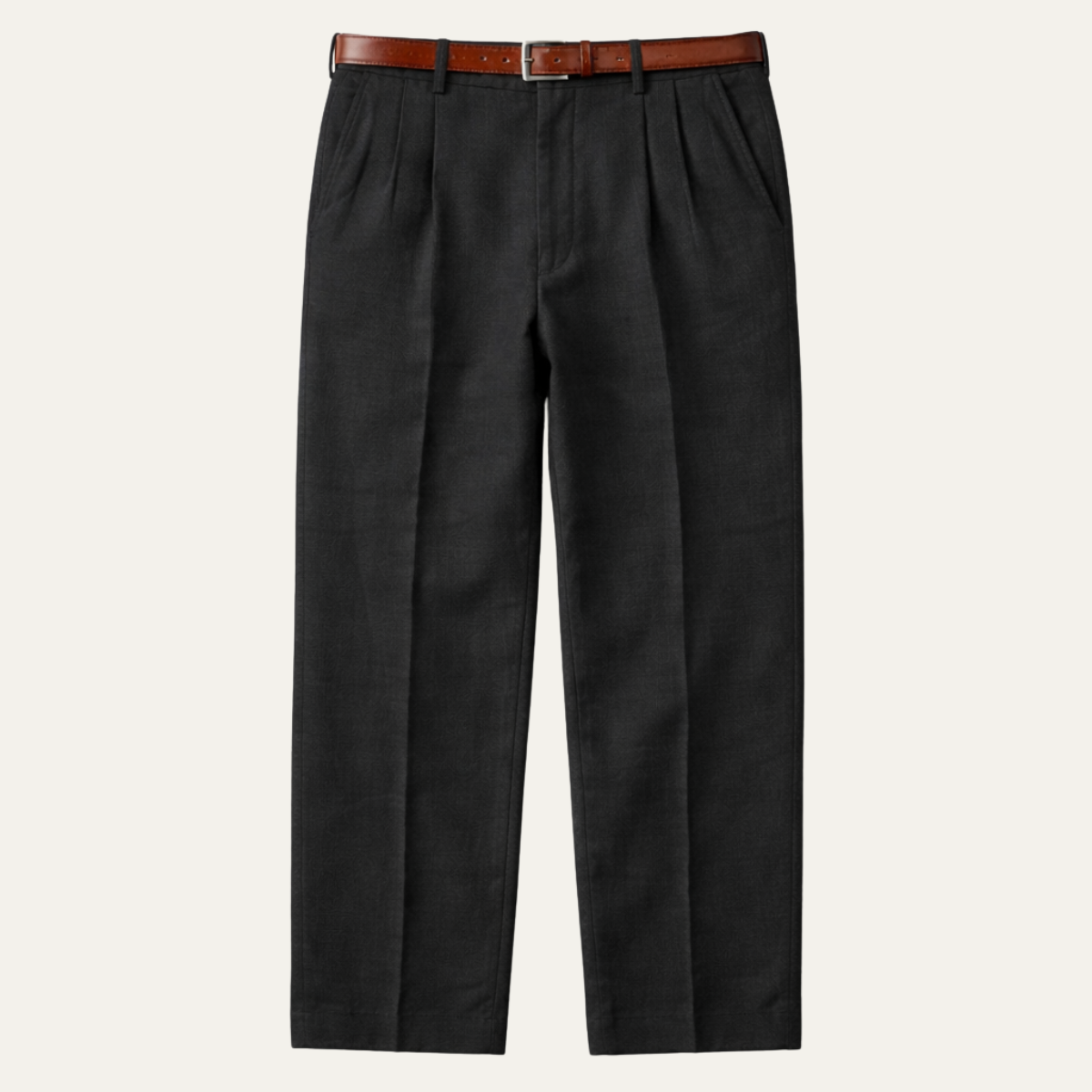 Men's black vintage pleated straight pants with button closure and belt loops