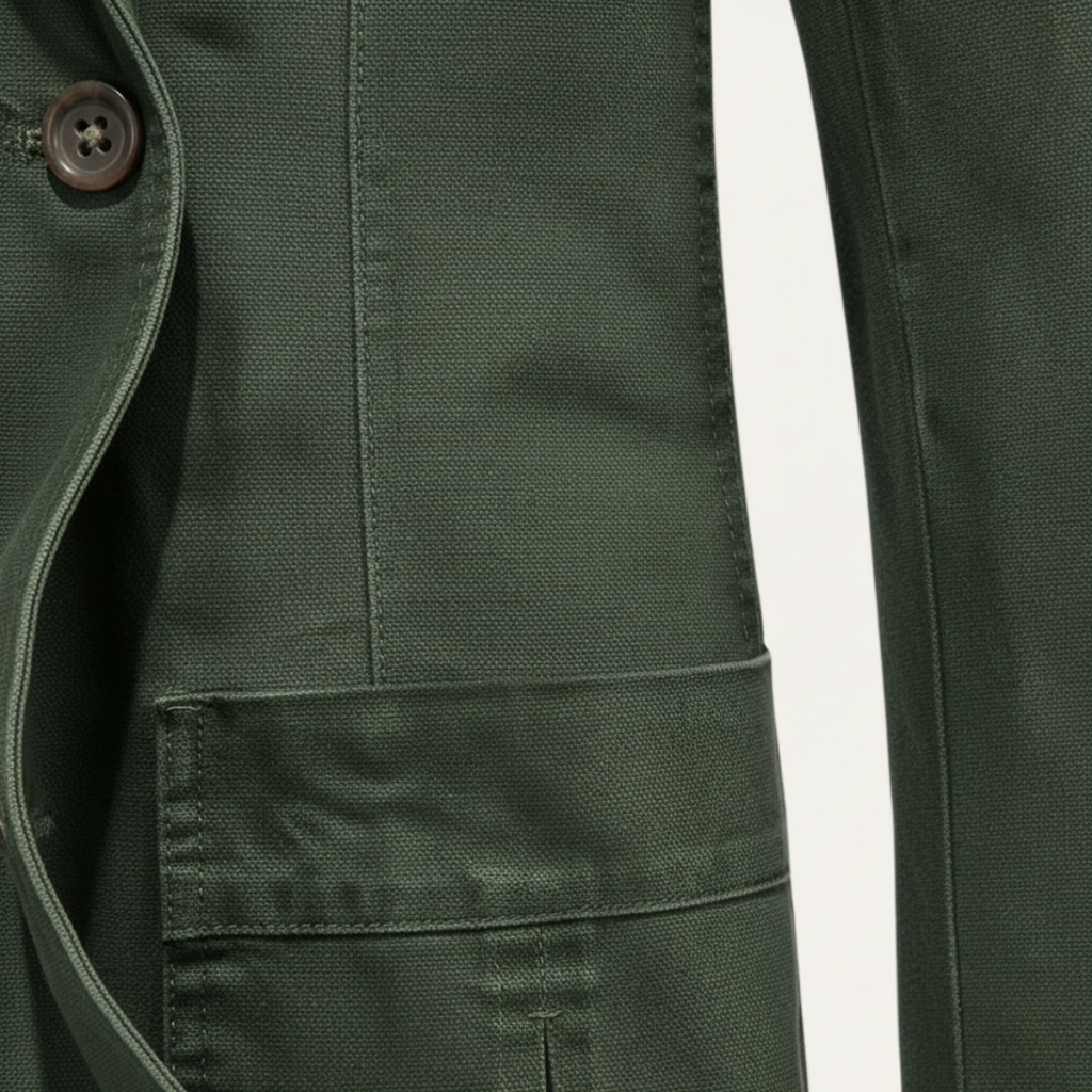 Army green lightweight jacket close-up of sleeve cuff and front pocket stitching