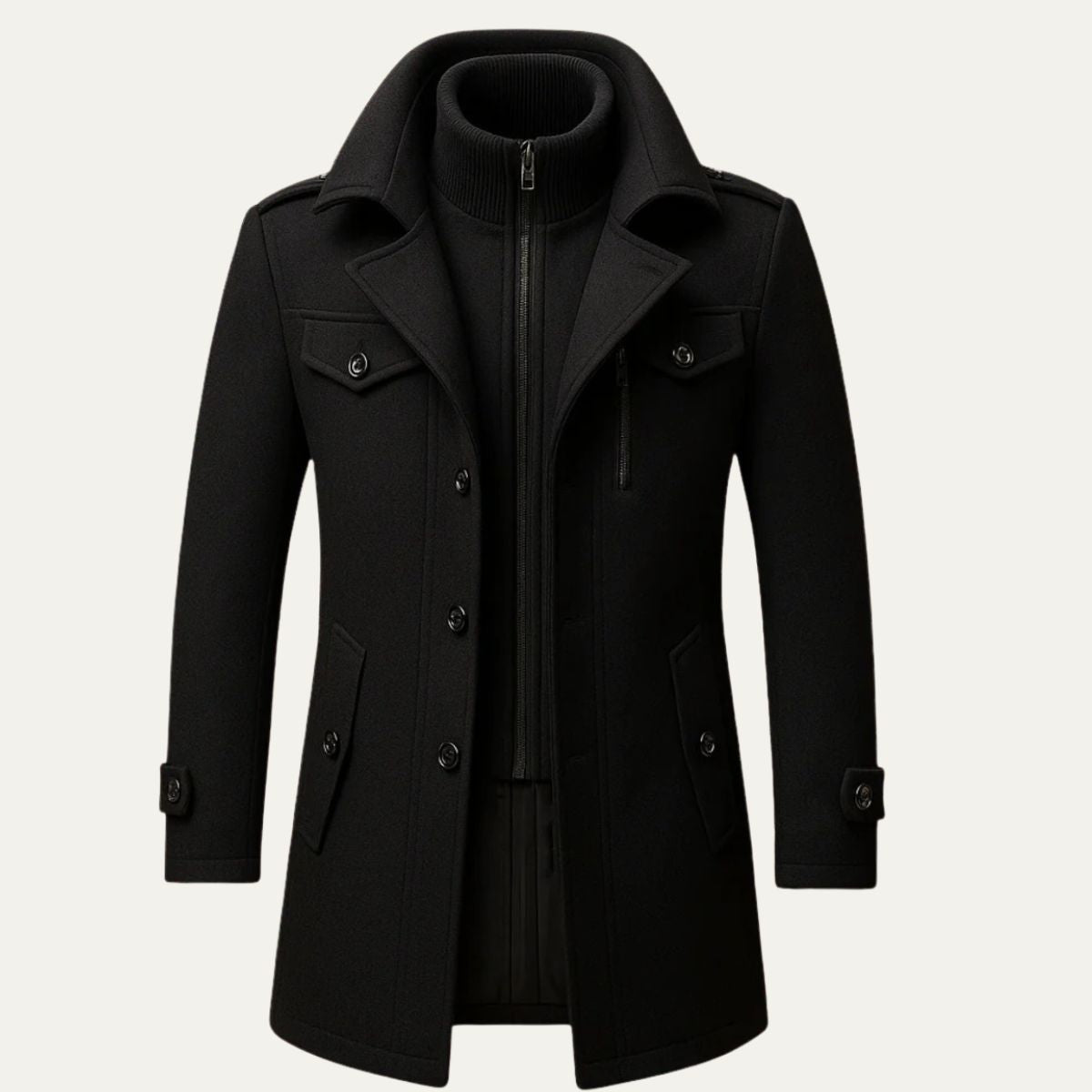 Men's black insulated winter coat, structured lapels, zipper center front, side pockets