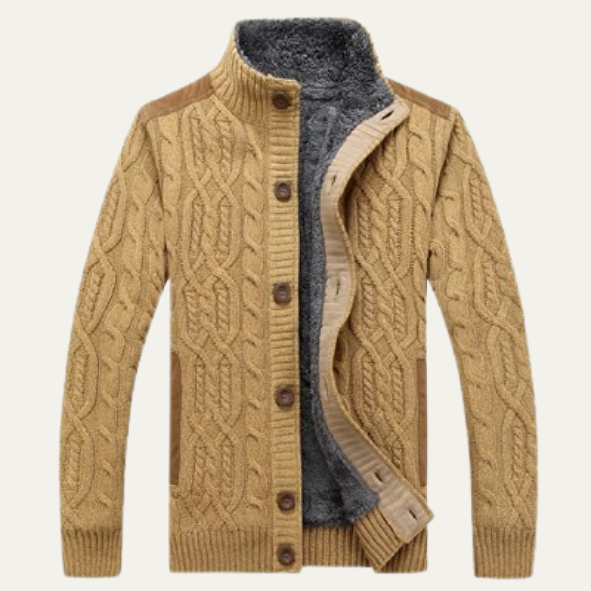 Men's fleece-lined wool cardigan, tan cable-knit, button-front with gray sherpa lining