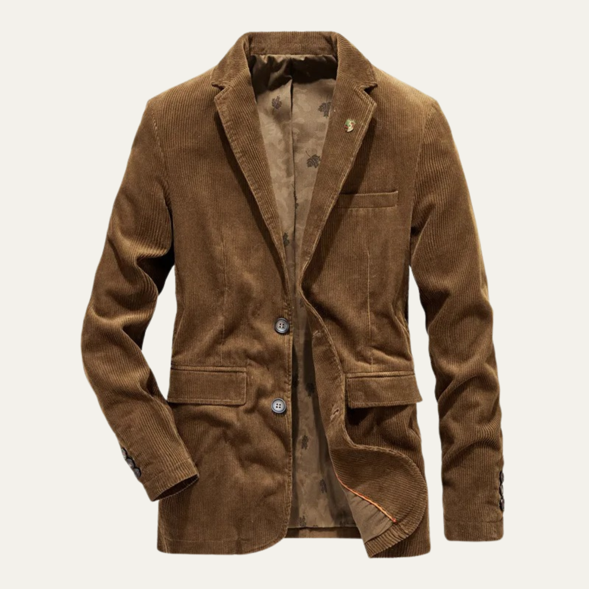 Men’s brown corduroy blazer with notch lapels, two-button front, and flap pockets