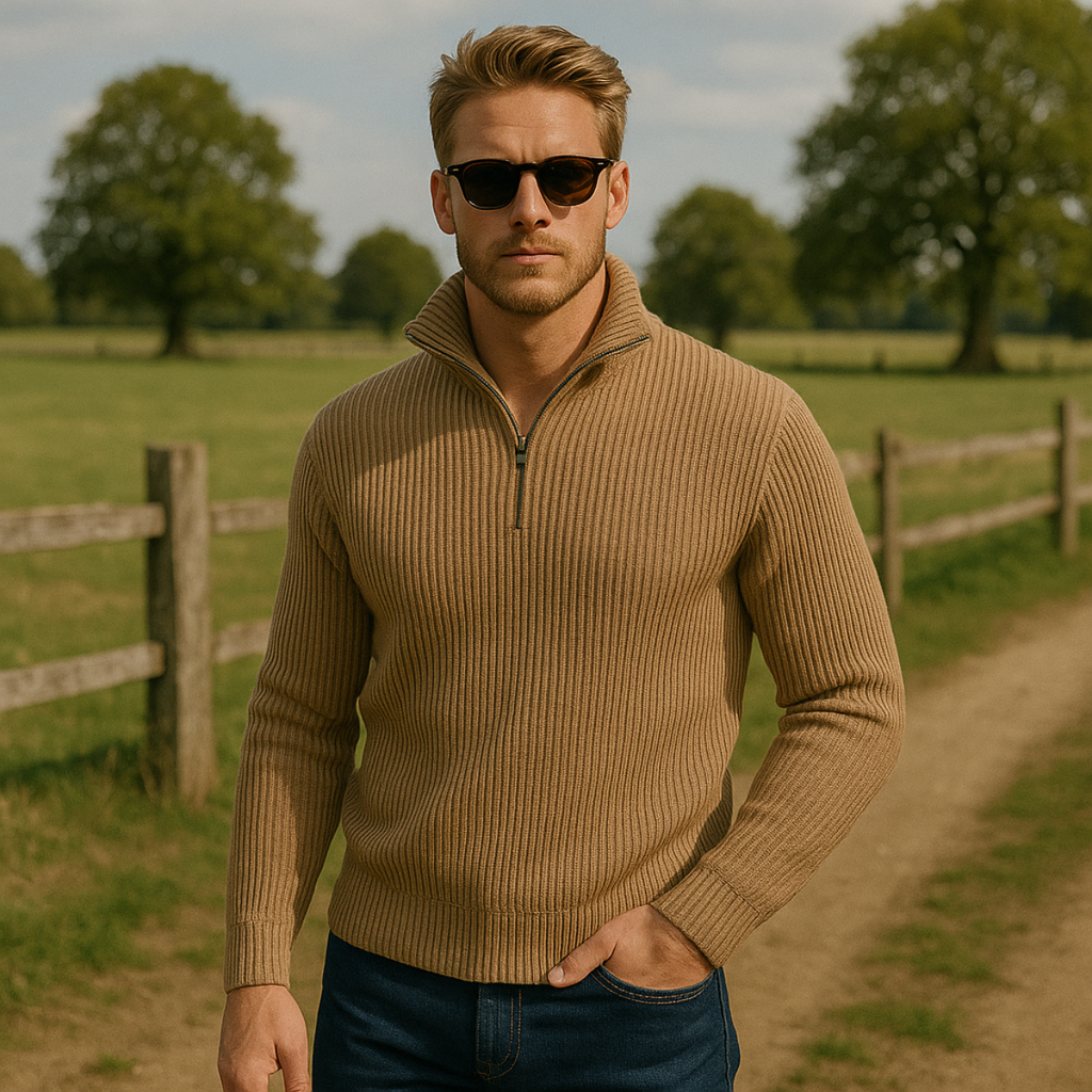 Beige merino quarter-zip knit sweater with ribbed texture and zip neckline
