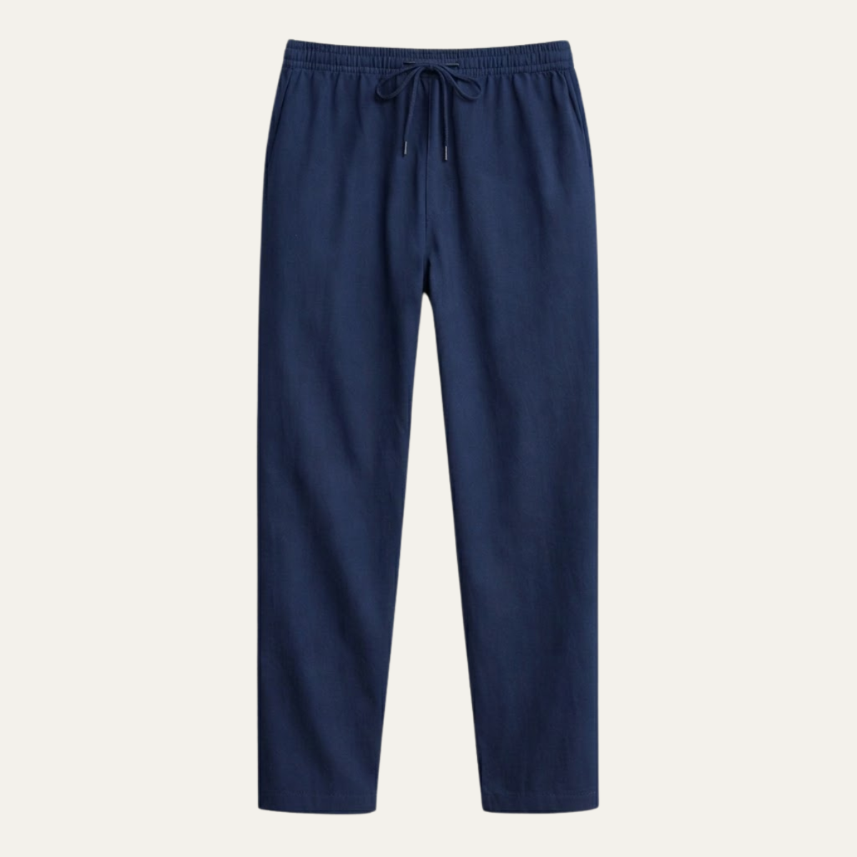 Men's hemp straight-leg pants, navy blue, elastic waistband with drawstring