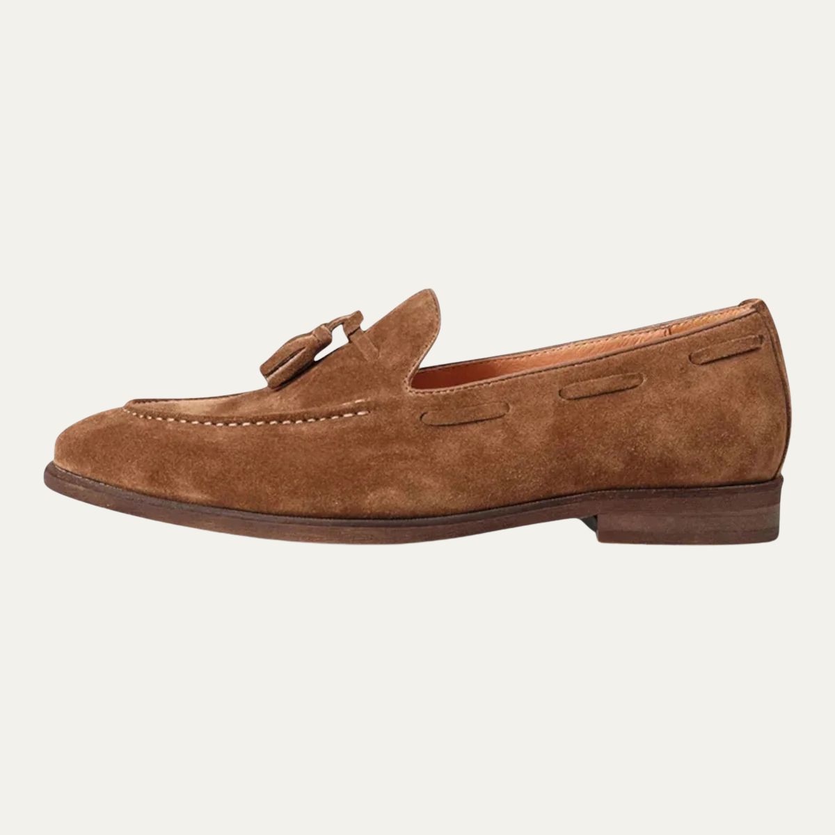 Men's faux leather tassel loafer, tan-brown slip-on with stitched moc toe detail