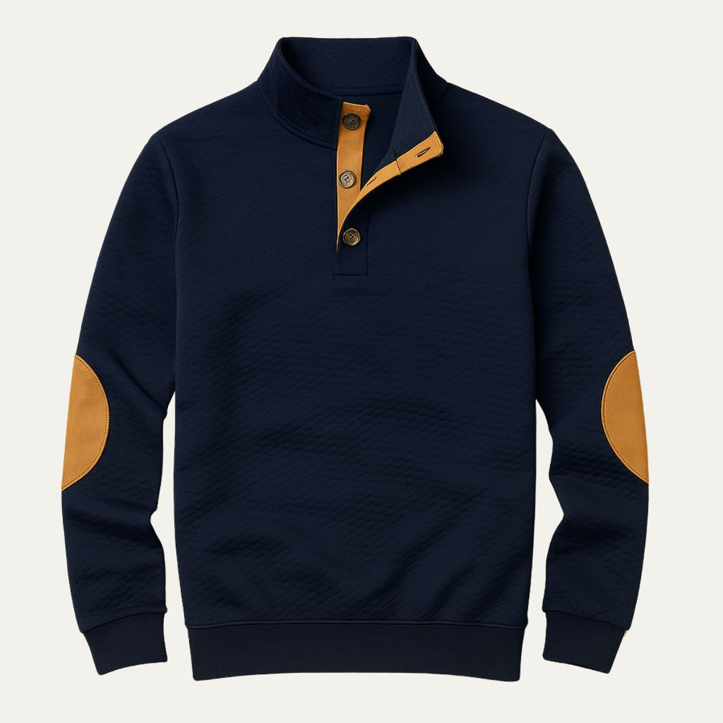Navy quarter-zip sweater with tan button placket and contrast elbow patches