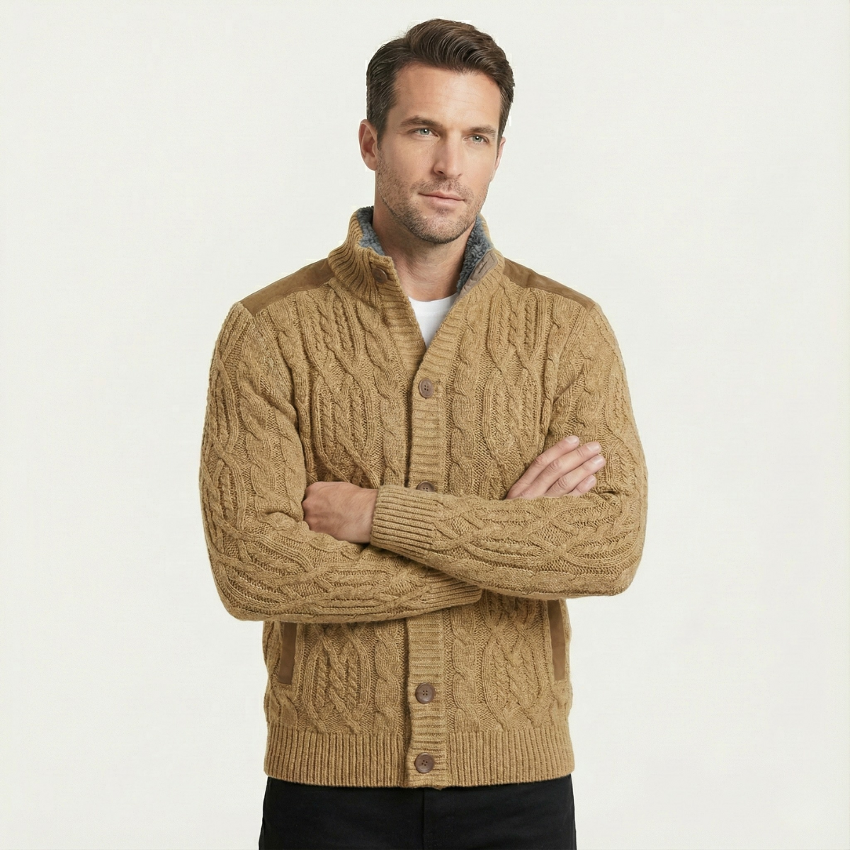 Men's fleece-lined wool cardigan, tan cable-knit, button front, gray sherpa inner collar