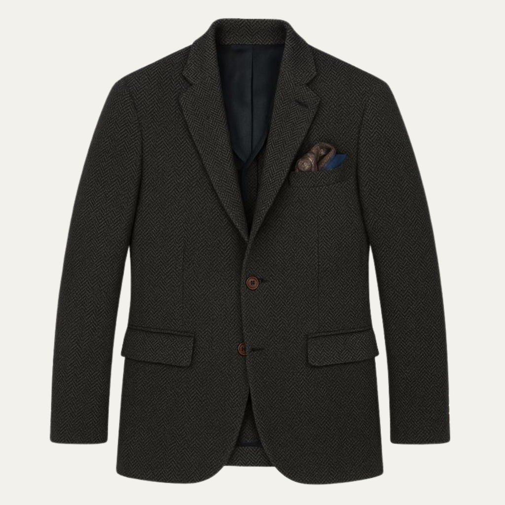 Men's black herringbone wool single-breasted blazer, notch lapels, flap pockets