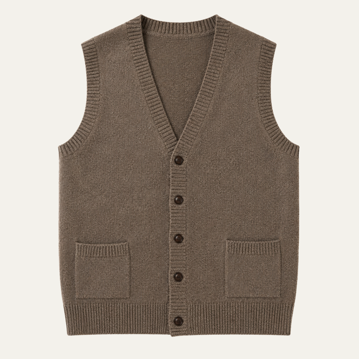 Brown knit vest, V-neck button-front and two chest pockets