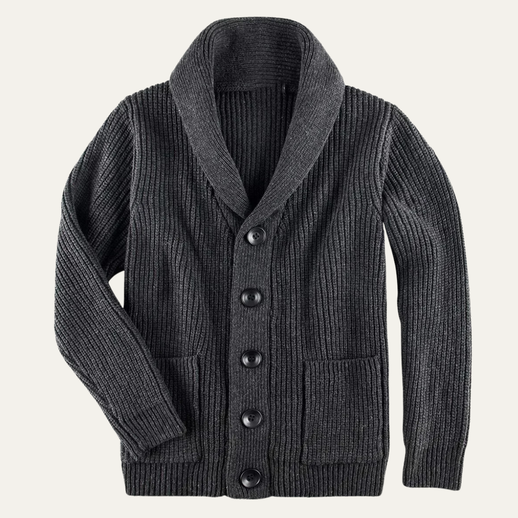 Men's dark gray chunky knit cardigan with shawl collar and button front