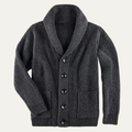 Men's dark gray chunky knit cardigan with shawl collar and button front