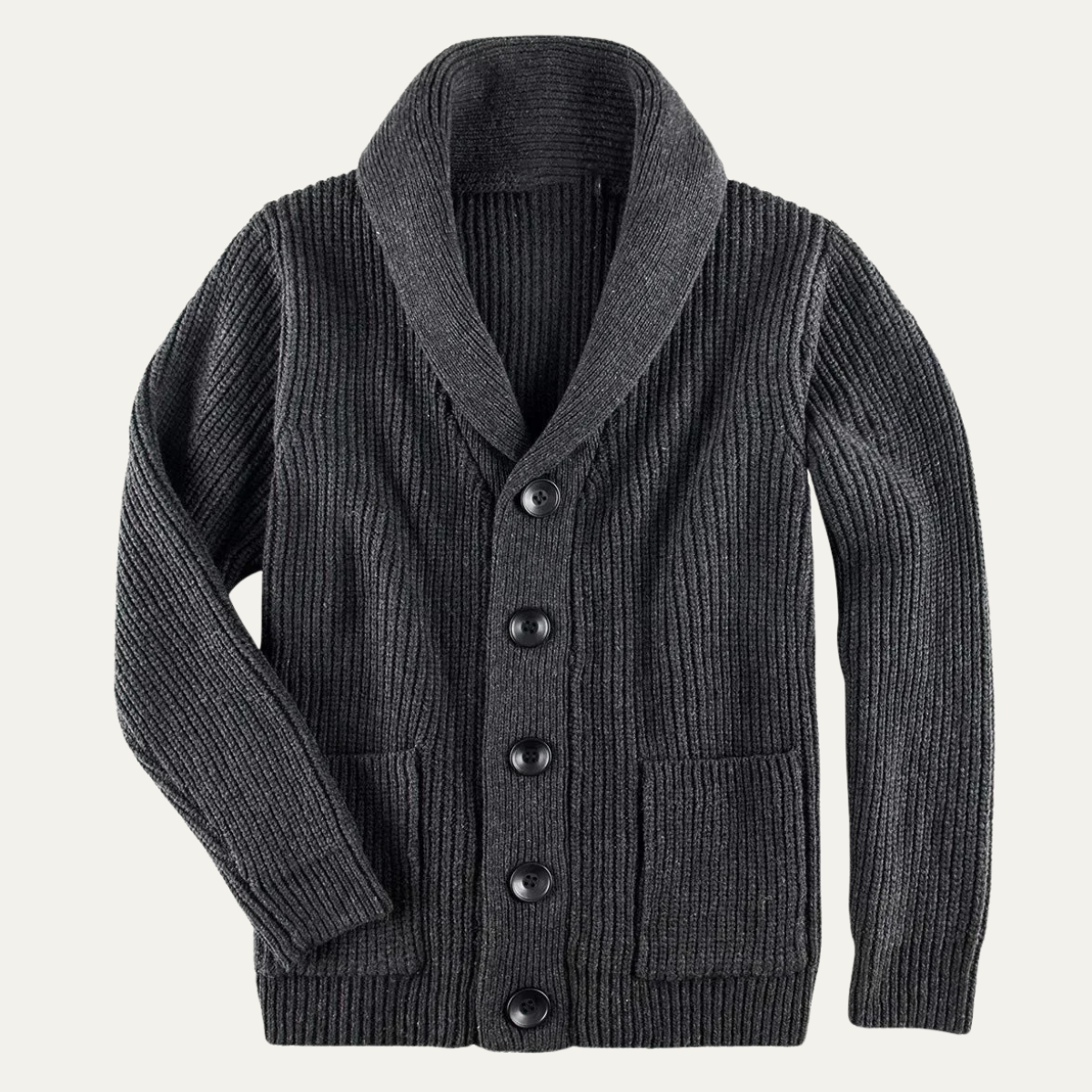 Men's dark gray chunky knit cardigan with shawl collar and button front