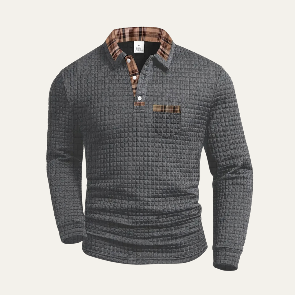 Gray waffle-knit polo sweater with plaid collar, button placket, and chest pocket