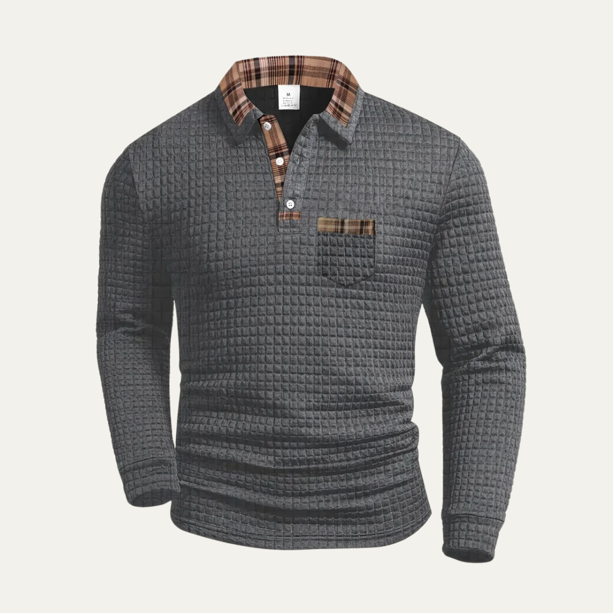 Gray waffle-knit polo sweater with plaid collar, button placket, and chest pocket