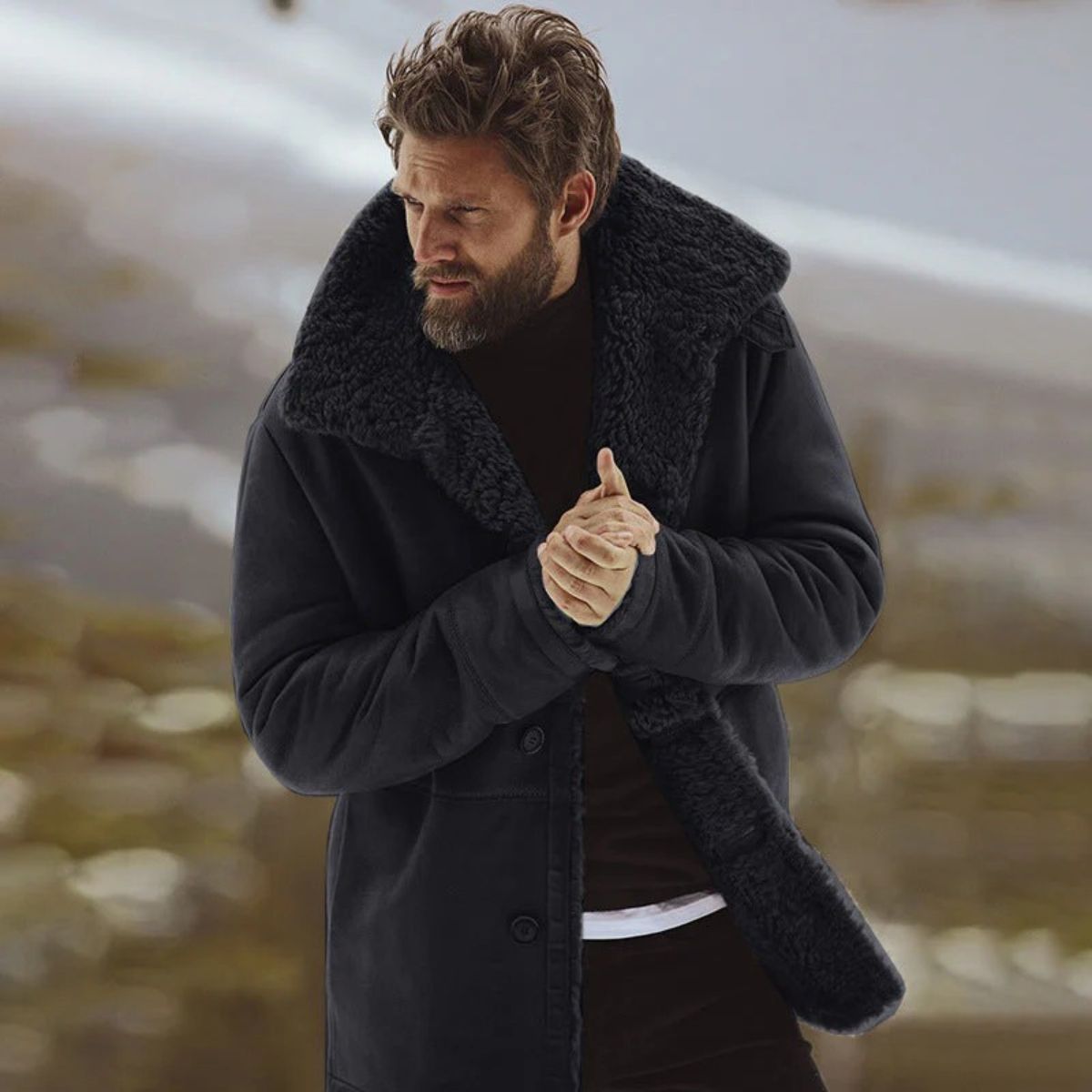 Men's sherpa-lined wool overcoat, black with dark sherpa collar and full-length lining